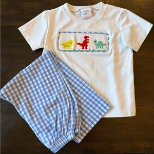 White Tee with Colorful Dino Smocking and Blue Gingham Pants